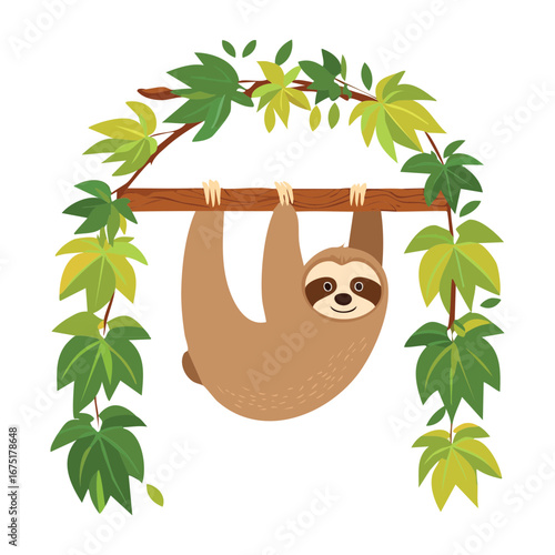 An adorable sloth with its baby hanging from a vine in a tropical jungle ready to move to a new tree