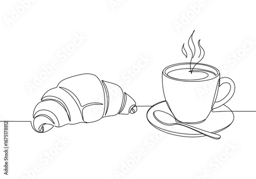Start your day with a fresh croissant and hot coffee, elegant continuous line drawing for your brand