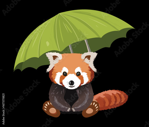 An adorable red panda is holding a green umbrella ready to go on an adventure in the rain