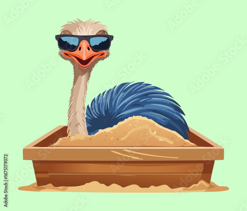 A hilarious-looking ostrich is sitting in a pile of sand ready to enjoy a day at the beach