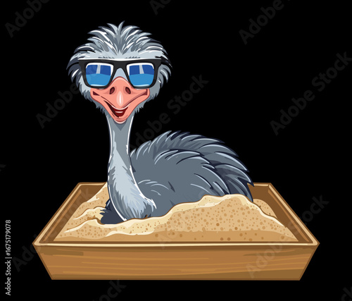 A funny ostrich with sunglasses sitting in a sandbox ready for a warm and sunny summer day