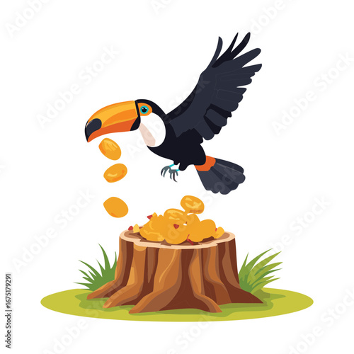 Playful Toucan Illustration Perched on a Tree Stump with Gold Coins, A Whimsical and Unique Concept