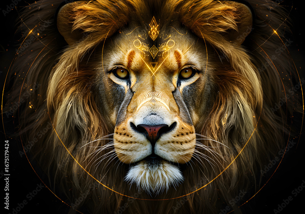 Fototapeta premium Lion Portrait with Golden Mane and Intricate Geometric Details | Majestic Wildlife Illustration for Art Prints, Branding and Conservation Awareness