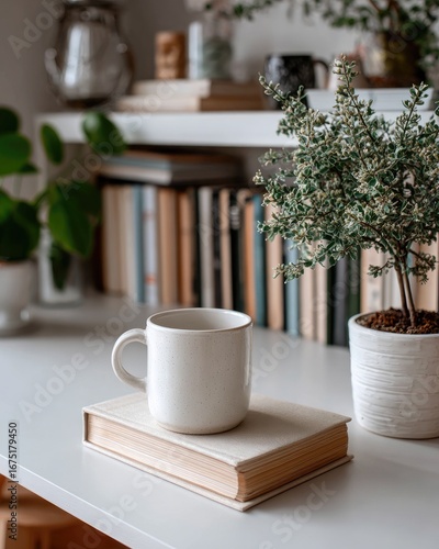 Cozy home office desk with a book, cup, and plants