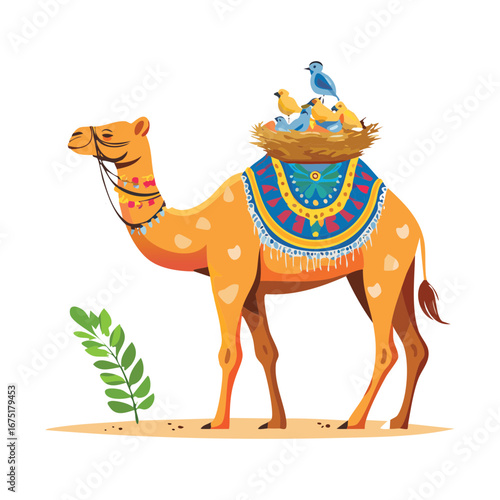 Regal Camel Illustration with an Egyptian Style Headdress, Perfect for Ancient History and Desert Themes