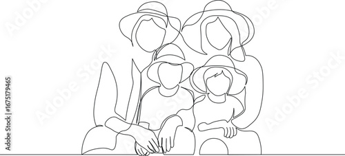 One Line Drawing of a Family Sitting Together on Vacation with Children Wearing Hats