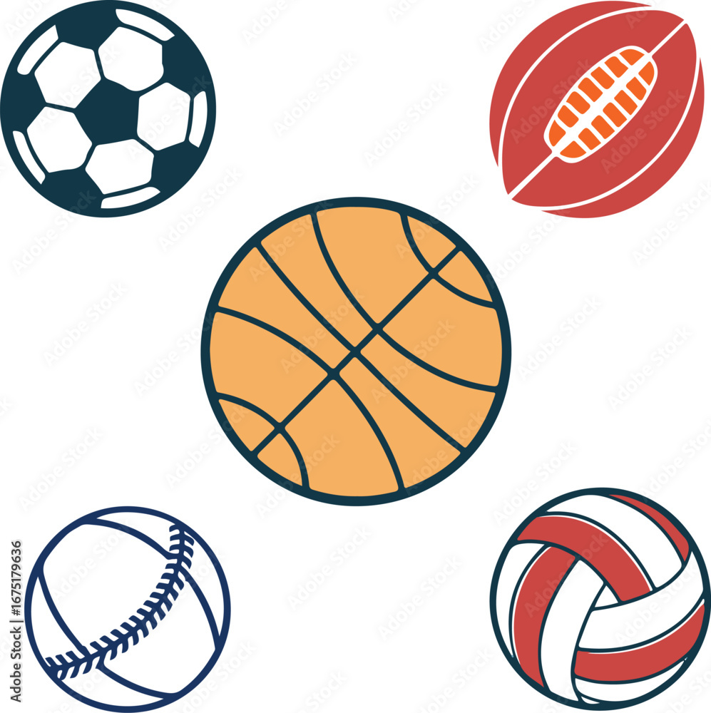 Obraz premium Set of Sports Balls Icons – Basketball, Soccer, Baseball, Volleyball, Rugby