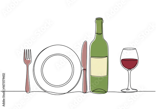 Elegant wine bottle and glass with plate setting, great for minimalist restaurant marketing materials
