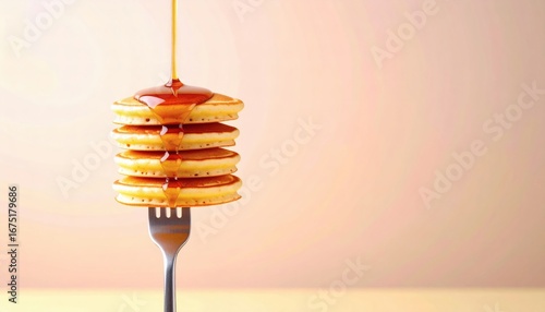 Golden Pancakes Stack Drenched in Syrup Balanced on a Fork Delight