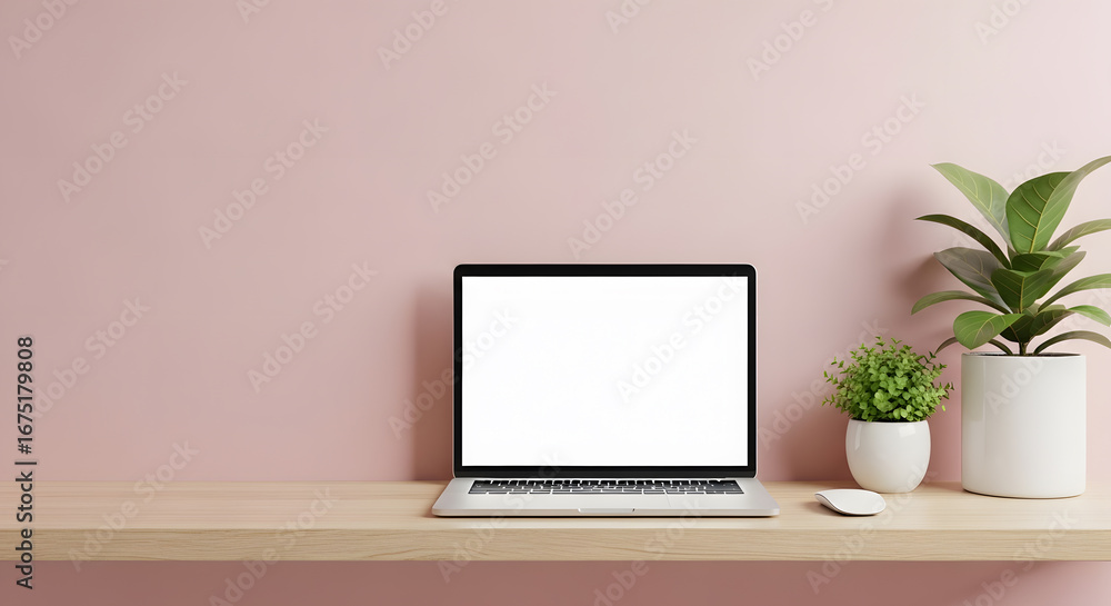 Obraz premium Laptop mockup on a wooden desk with plants against a pink wall background