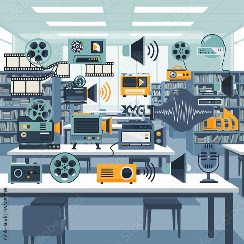 Clean 2D flat vector of a library filled with audiovisual symbols: projectors, film reels, sound waves, and video tapes, highlighting cultural preservation