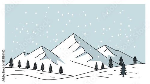 Line vector illustration of snowy mountains, pine trees, and falling snow, simple minimal outline drawing