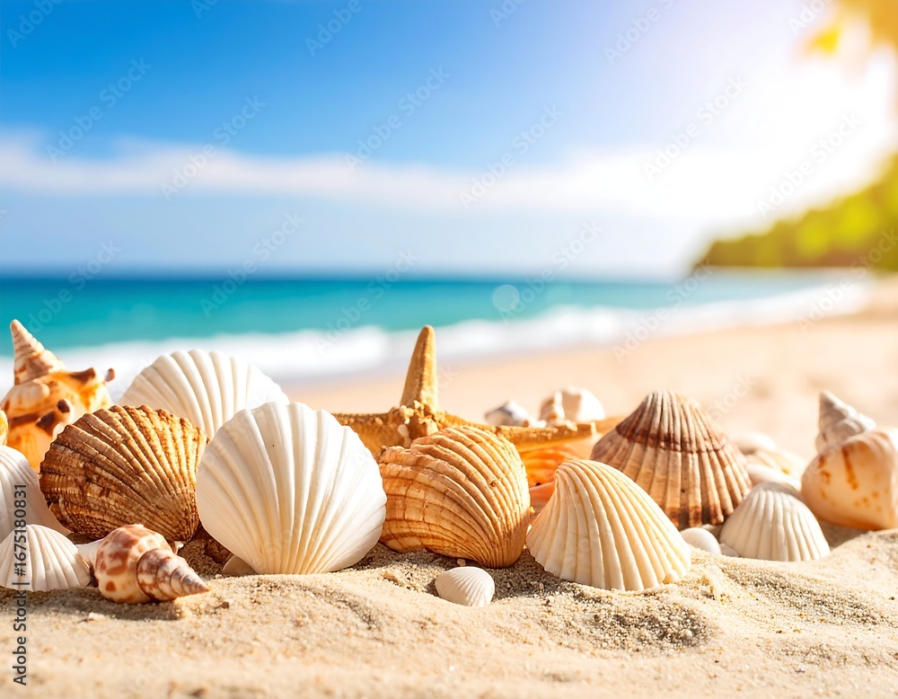 Obraz premium Seashells on Sandy Beach, Sunny Day (1)