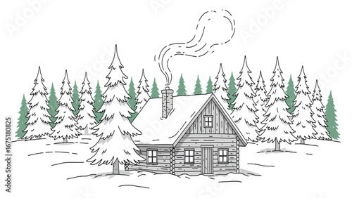 Line vector of a cozy wooden cabin with smoke from chimney, surrounded by pine trees and snow, minimal outline illustration