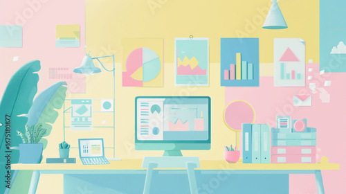 Business and office elements for MSME Day, soft pastel colors, minimal vector style, infographic icons, professional and elegant composition