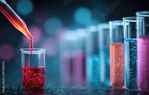Scientific Test Tubes with Colorful Liquids and Dropper in a Dark Lab with Blue Bokeh Background Close Up