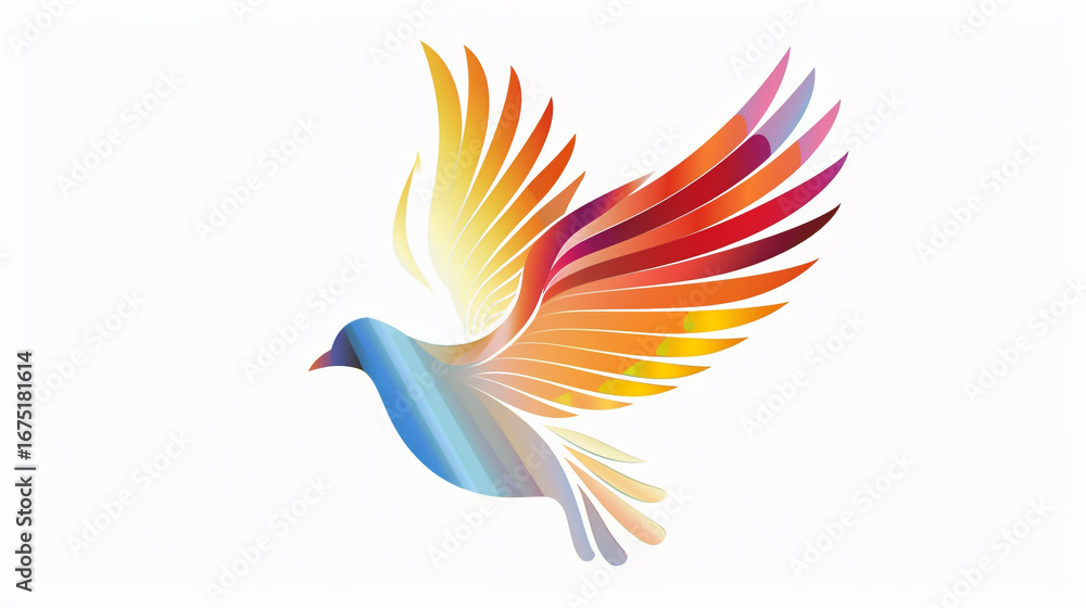 Fototapeta premium Vector logo of a radiant peace dove, light rays glowing, celebrating May 16 International Day of Living Together in Peace, isolated on pure white, modern style
