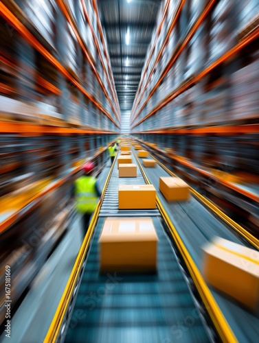 A dynamic view of a warehouse with boxes moving on a conveyor belt, showcasing an efficient logistics operation.