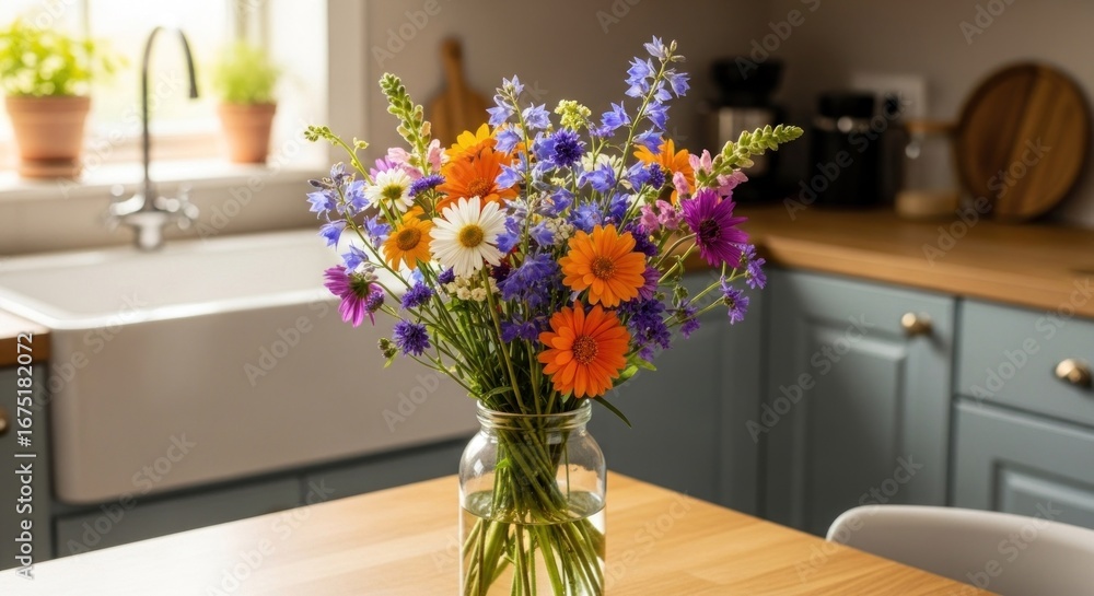 custom made wallpaper toronto digitalBright, colorful wildflowers in a glass jar on a kitchen table