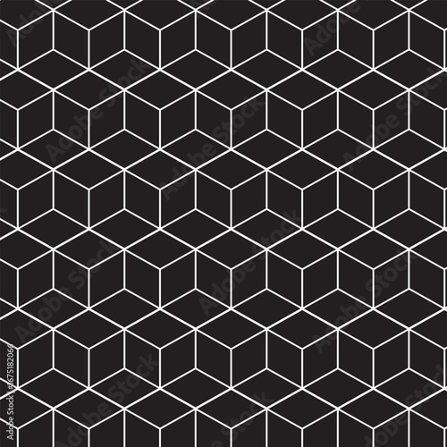 Abstract white line hexa cube pattern on black background.