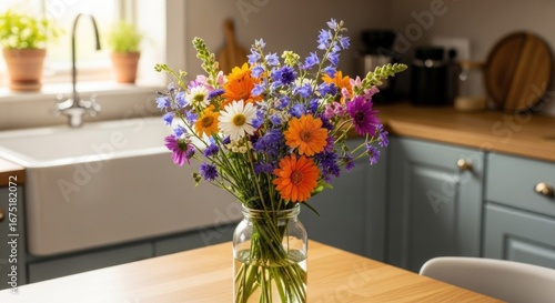 Wallpaper Mural Bright, colorful wildflowers in a glass jar on a kitchen table Torontodigital.ca
