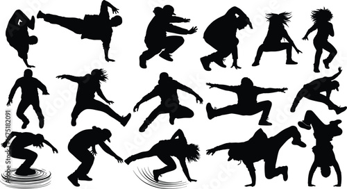Breakdance silhouette, hip hop dancer, street dance freestyle, urban jump pose, acrobatic motion, b-boy moves, dynamic performance, black vector illustration