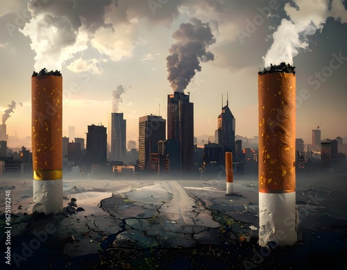 surreal illustration of cigarettes and city and smoke