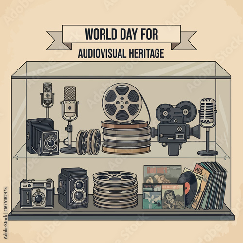 Flat vector illustration of old film reels, vintage cameras, microphones, and vinyl records preserved in a museum-style display, celebrating World Day for Audiovisual Heritage