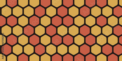 Repeating pattern of orange and yellow hexagons with black outlines forming a honeycomb design