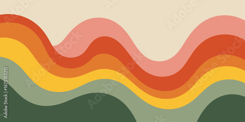 A retro styled background featuring wavy horizontal lines in shades of pink, orange, and green hues