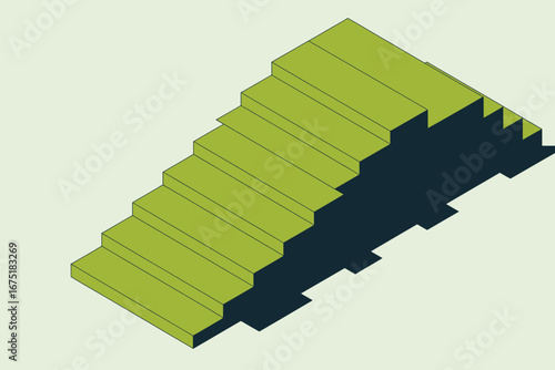 Isometric illustration of a green staircase ascending diagonally with a dark blue shadow cast on it