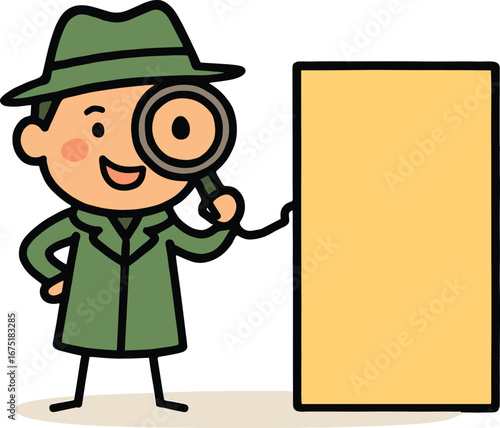 Smiling cartoon detective holding a magnifying glass next to a blank sign, investigating and curious character illustration on a white background.