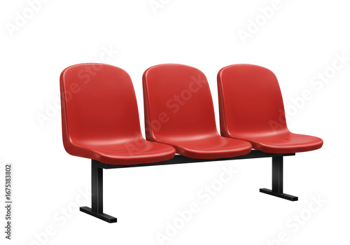 Isolated red public waiting area seating row, molded plastic chairs on a steel frame