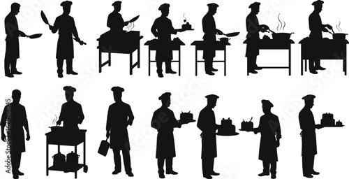Chef cooking silhouettes, professional cook vector, kitchen worker illustration, restaurant chef icons, food preparation design, culinary black silhouette, serving dish vector