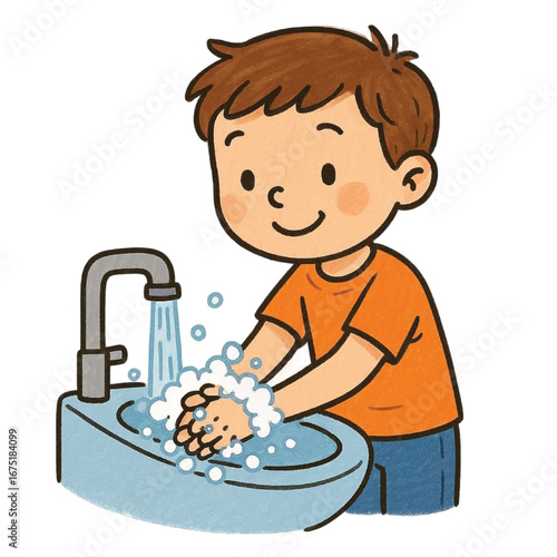 A boy is washing hand