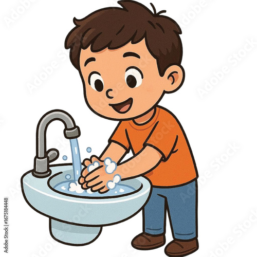 A boy is washing hand