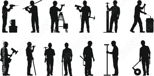 Construction worker silhouettes, builder with tools, engineer using hammer, drill, roller, measuring, handyman, tradesman, laborer, repairman, worker vector illustration