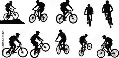 Cyclist silhouettes, mountain biking, road cycling, BMX rider, outdoor adventure, fitness training, bike sport, transport illustration, vector design, activity