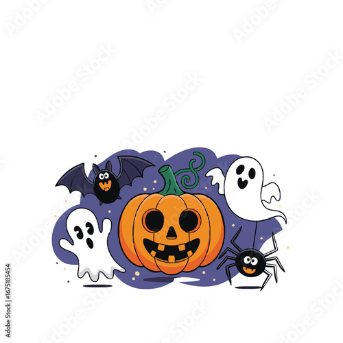 Halloween icon collection. Pumpkin, bat, ghost, spider, web.