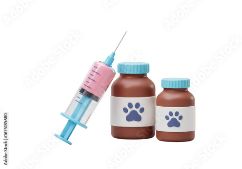 Isolated veterinarian medication, a medical needle and brown medicine bottles for animals