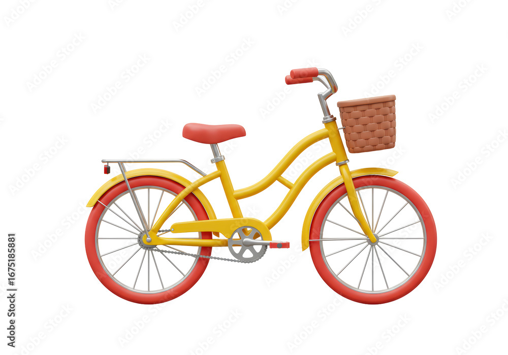 Fototapeta premium Isolated yellow bicycle with red tires and basket, charming and functional transportation