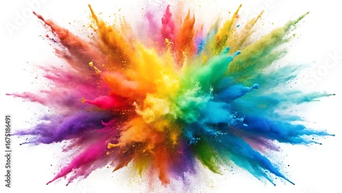 Rainbow dust powder explosion transparent PNG, isolated background. Dynamic blast eruption, vibrant colorful effect, lgbt, party, celebration, festival, color run element white background	
