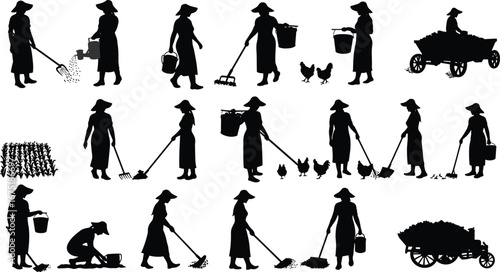 Farmer woman silhouettes, farming activity, agricultural work, watering plants, feeding chickens, carrying bucket, village lifestyle, rural farming vector illustration, harvest design