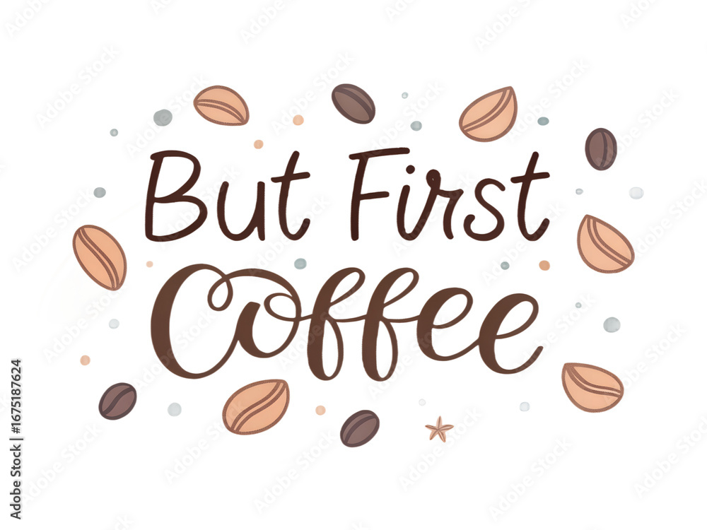 Obraz premium But First Coffee PNG – Minimal Brush Typography, Funny Coffee Quote, Sublimation Design, Transparent Background for T-shirt & Mug