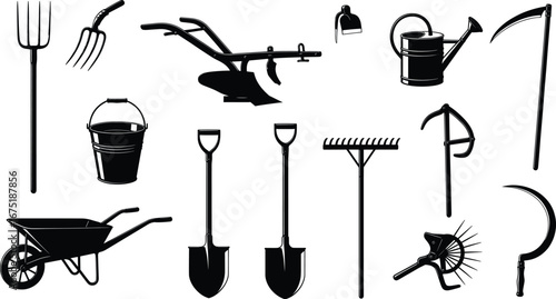 Farming tools silhouette vector, gardening equipment set, shovel rake hoe sickle, wheelbarrow plow watering can bucket, agriculture tool illustration collection