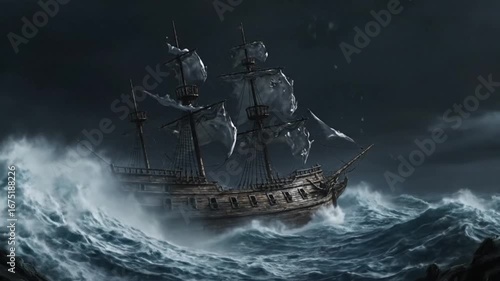 old pirate ship sailing rough stormy seas with lightning