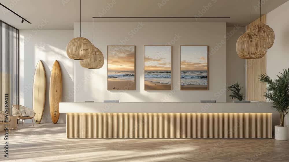 Beach Resort Style Hotel Reception with Surfboards and Ocean Art