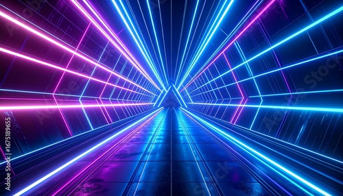 Futuristic tunnel with neon lights converging towards a central triangular point, creating an abstract design.