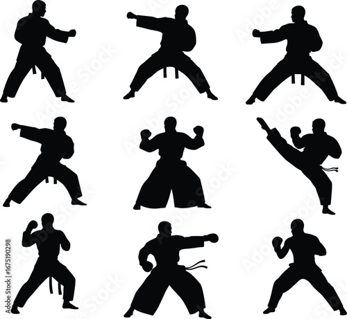 Karate martial arts silhouettes, fighter training poses, kick punch stance, self defense practice, judo taekwondo aikido kung fu combat vector