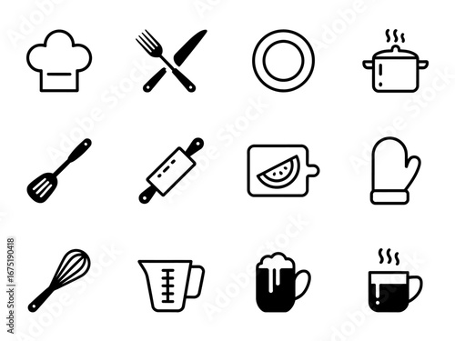 Culinary and Kitchenware Icon Set. Outline Symbols Representing Utensils Cookware and Beverage Items
